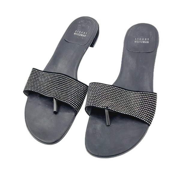 Stuart Weitzman Black Leather Rhinestone Thong Sandals Size 11M - Picture 1 of 11